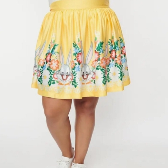Looney Tunes x Unique Vintage Bugs Bunny Gathered A-Line Mini Skirt Yellow 5X/26 - Picture 2 of 9